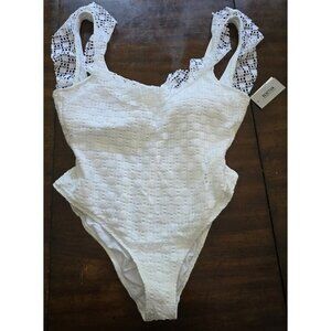 NWT Kenneth Cole XL Ruffle Neck Crochet 1PC Swimsuit 127127